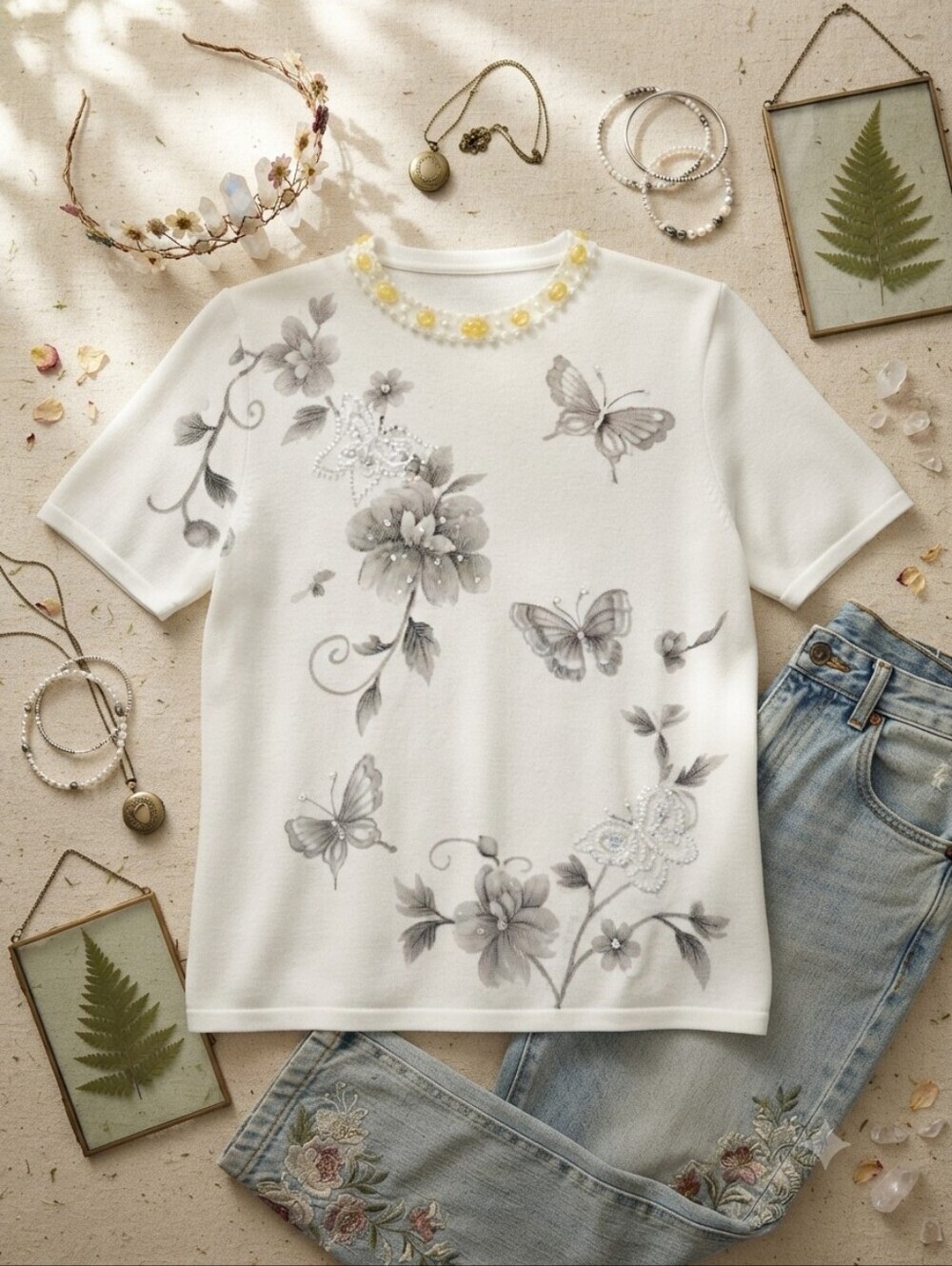Alfred Dunner Beaded Necklace Collar Floral Butterfly Print Short Sleeve Top